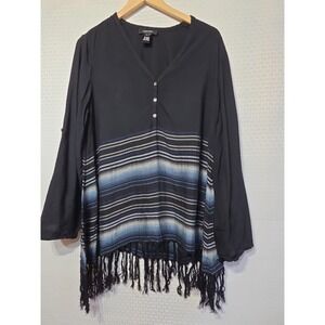 Karen Kane L Black Blue Stripe Fringe Hem Boho Peasant Tunic Top Rayon 3/4...